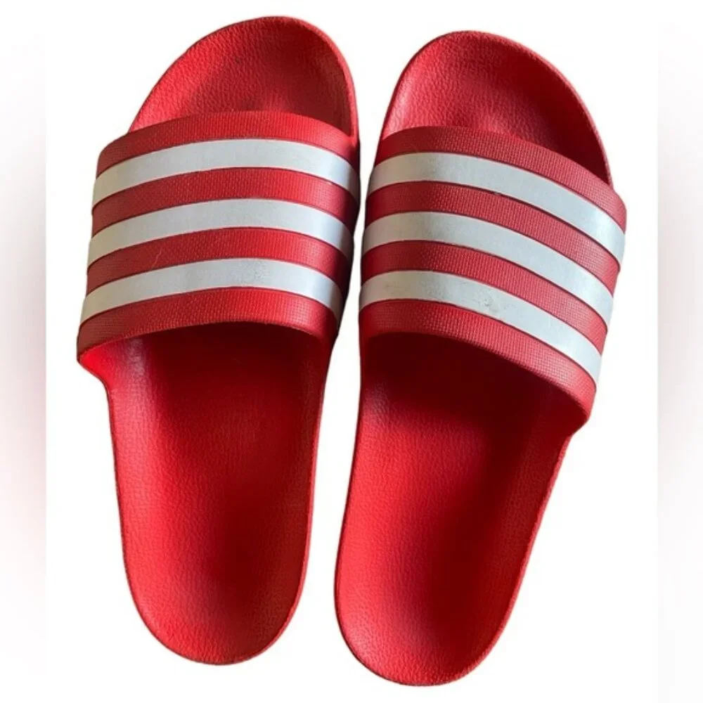 Adidas Red and White Stripe Plastic Slip On Shower Slides Shoes Sandals